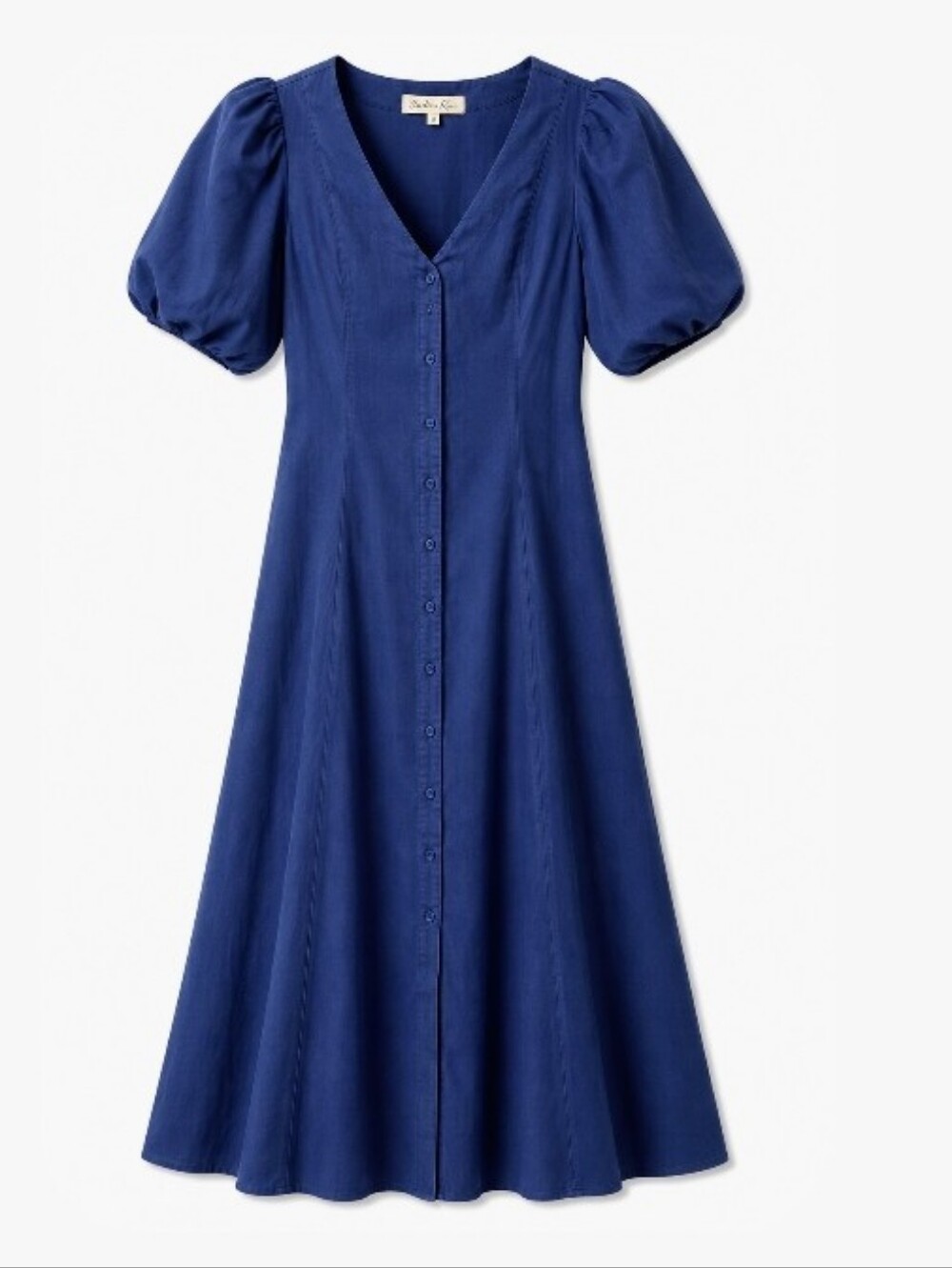 Indigo Rose Navy Button-Front Midi Dress with Puff Sleeves